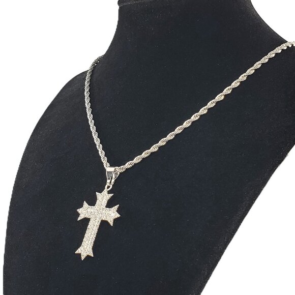 24" Mens 2ct Diamond 14K White Gold Cross Necklace Rope Chain Silver Jewelry 14 - Picture 9 of 9